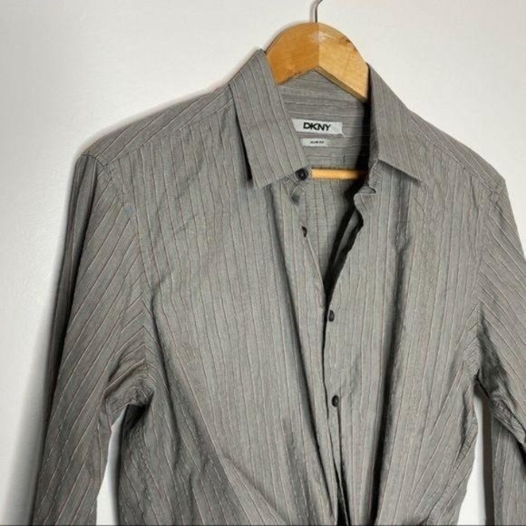 Y2K DKNY Slim Fit Button Down Blouse striped gray - Picture 6 of 12